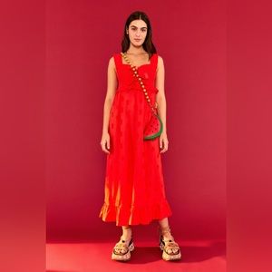 NWT Farm Rio Red 3D Pineapple Appliqué Smocked 100% Cotton Maxi Dress Size XS